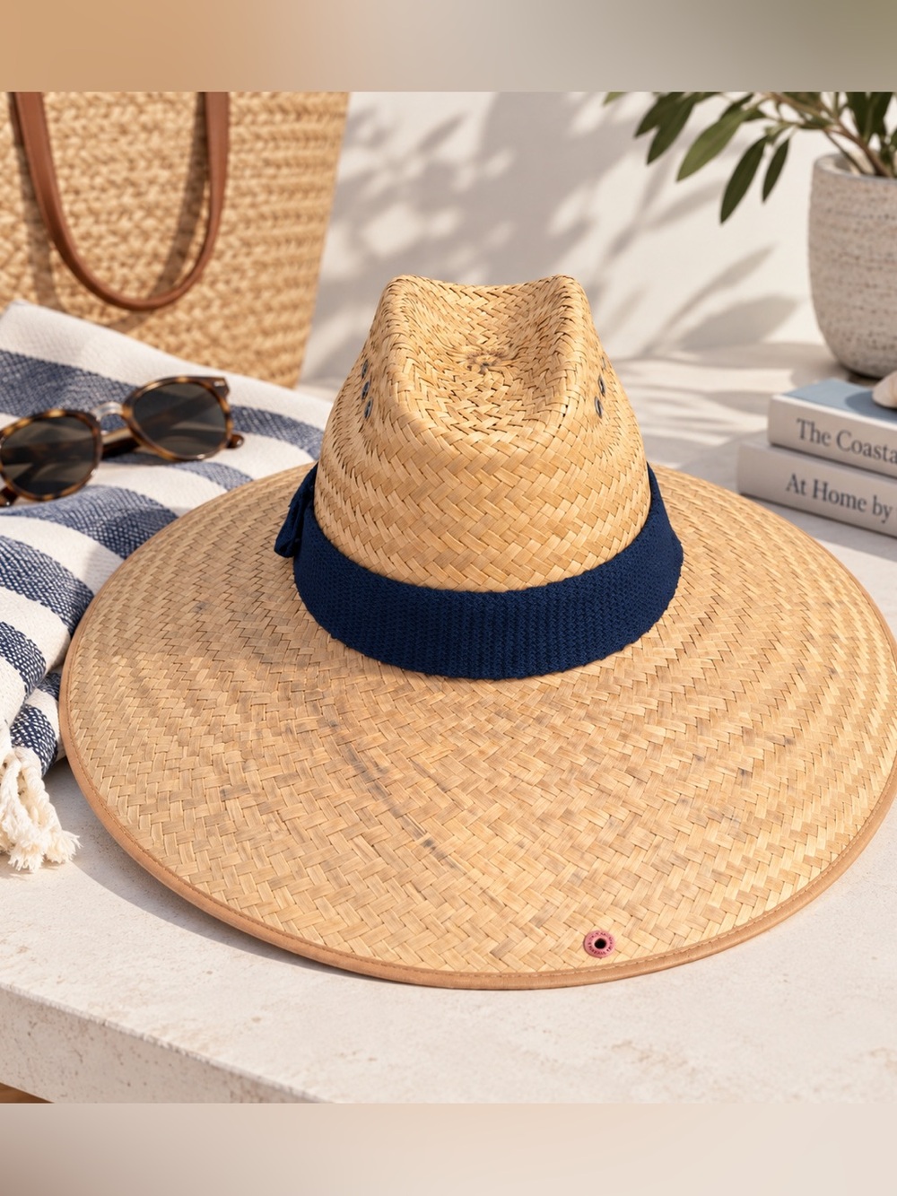 Peter Grimm Straw Sun Hat with Navy Band extra wide brim